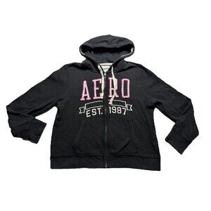 Y2K Aeropostale Womens Juniors Full Zip Hooded Jacket Sz XXL Black